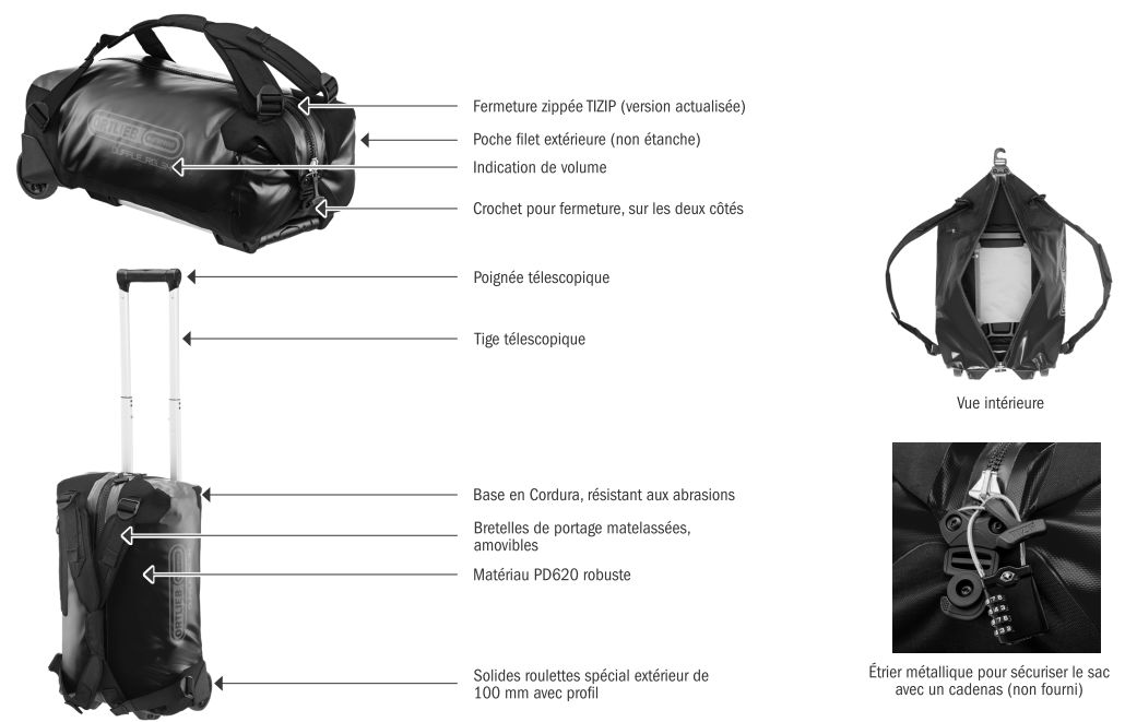 Caracter&iacute;stiques t&egrave;cniques de la bossa de rodes Ortlieb Duffle RG